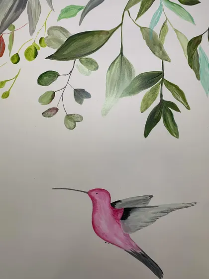 A pink hummingbird detail from a residential project. I enjoy creating these little moments of surprise and delight within a larger mural.