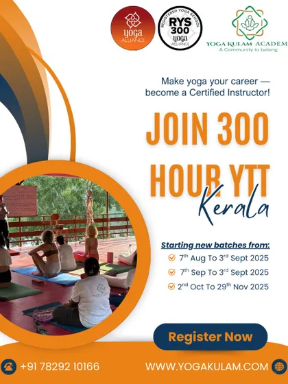 A poster for our 300-hour YTTC in Kerala, showing students listening intently to a lecture. This highlights the deep theoretical knowledge shared during our advanced courses.