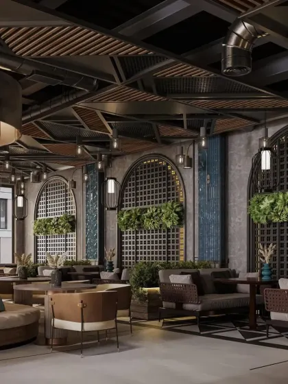 The design features large arched trellises with integrated planters, adding a structural and natural element to the industrial space. The mix of seating styles caters to different group sizes and preferences.