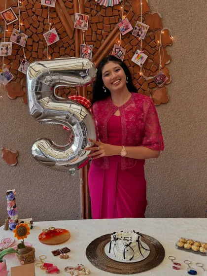 A happy smile while celebrating five years of creating. This journey wouldn't be possible without my amazing vendors, supportive family, and of course, my wonderful customers.