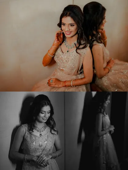 A creative collage of the bride's portraits, blending color and black and white to create a dynamic and artistic look.