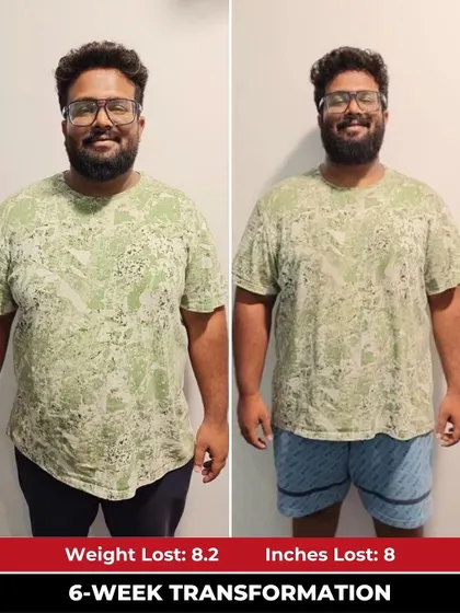 Prajwal lost an impressive 8.2 kgs and 8 inches in his first 6 weeks. This front view shows his amazing progress in a high-energy group setting.