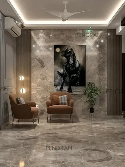 This view showcases the dramatic Italian marble flooring and wall cladding, which serves to highlight the client's bold artwork and create a gallery-like feel in this apartment living area.