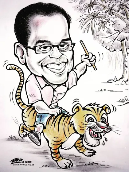 This is what I mean when I say we can get creative. A client wanted to see himself riding a tiger, and I brought that fun idea to life. Every caricature I draw is a unique story, hand-drawn with pen and markers.