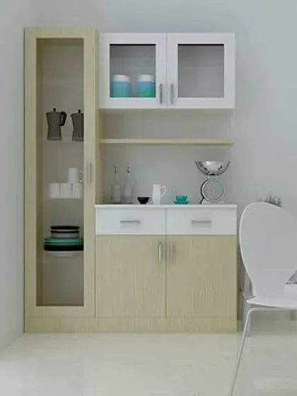 A stylish and simple crockery unit design. The combination of a glass-door cabinet on the side and a mix of open and closed storage in the center makes it very practical.