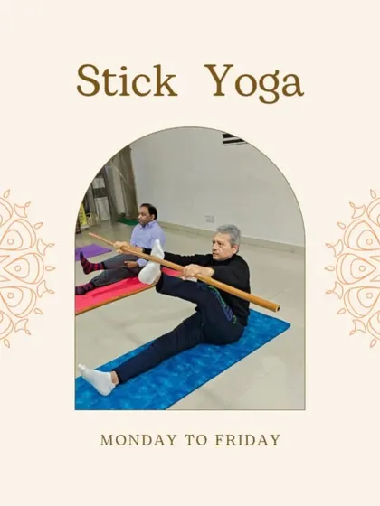Stick Yoga is a regular feature in our classes. Using a stick or danda helps with alignment, balance, and deepening stretches in poses like this seated leg extension. It's a great tool for improving posture and body awareness.
