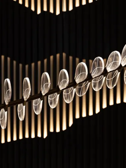This close-up highlights a custom chandelier from our Silhouette project. The light features a series of leaf-like glass elements, creating an organic and artistic fixture that is both a source of light and a piece of sculpture.