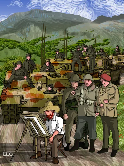 In a pause during a conflict, soldiers gather around an artist who is peacefully painting at his easel. This piece suggests that even for a brief moment, the act of creating beauty can provide a powerful counterpoint to the tide of destruction.