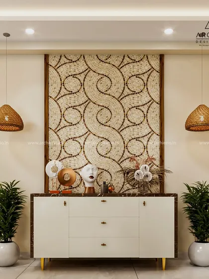 A design concept for a console area, featuring a stunning mosaic art piece, wicker pendant lights, and minimalist decor.