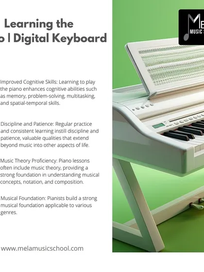 This graphic outlines the key benefits of learning the piano or digital keyboard, including improved cognitive skills, discipline, and music theory proficiency.