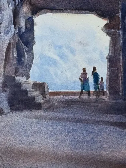 A detailed shot of the figures in the distance from my Elephanta Caves painting. Even small elements are important to create a sense of scale and life.