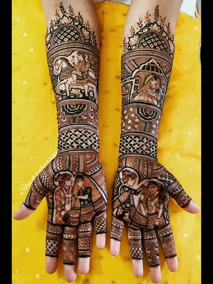A complete baraat story in henna. One arm shows the groom's procession on a horse, while the other depicts the bride's palanquin. The palms show the couple's union.