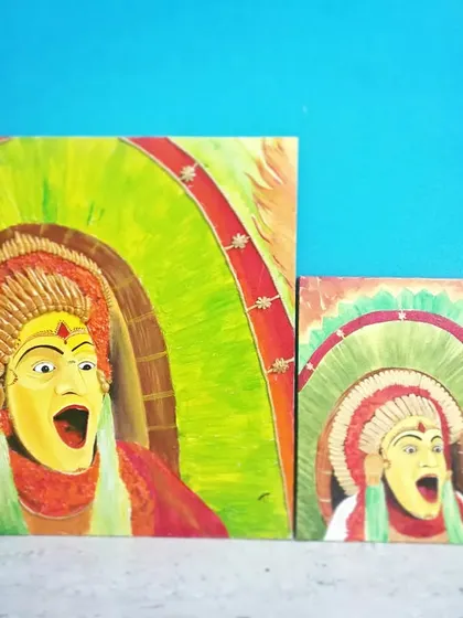 Here are two versions of my Panjurli Daiva painting, one large and one small. Both are created on canvas with vibrant colors to capture the energy of the deity.
