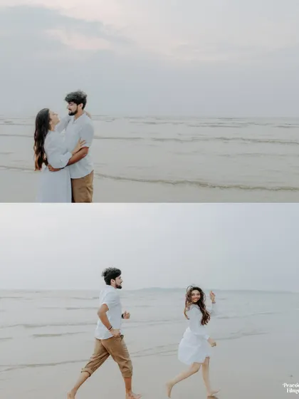 A playful run along the beach. This dynamic pre-wedding collage captures the couple's fun-loving spirit and the freedom they feel in each other's presence.