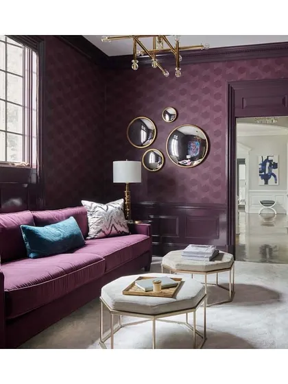 This 'Vinyl Woven Sisal' wallpaper in a deep plum provides the rich look of natural sisal with enhanced durability. The geometric pattern adds a contemporary touch to a classic library or lounge.