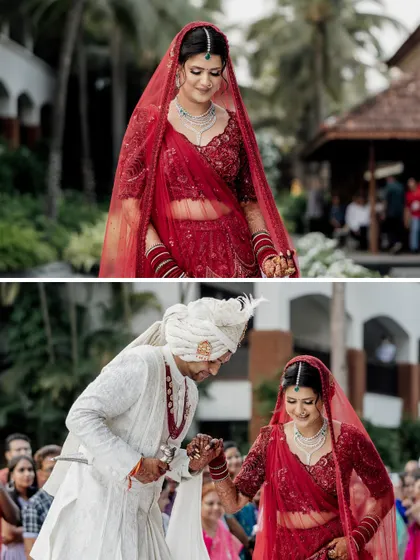 Candid moments from the wedding day, showing the groom helping his bride and their joyful interactions.