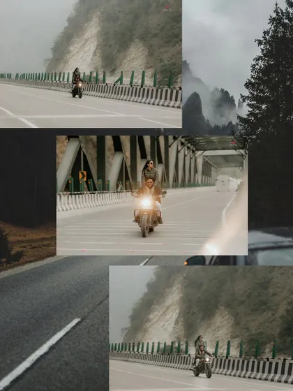A collage capturing the adventurous spirit of a pre-wedding shoot, featuring the couple riding a motorcycle through misty mountain roads.