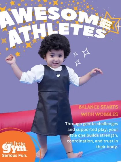 From our "Awesome Athletes" theme, these images show a preschooler being spotted by a coach and another balancing with a huge smile. We celebrate every wobble and try, building strength and trust.