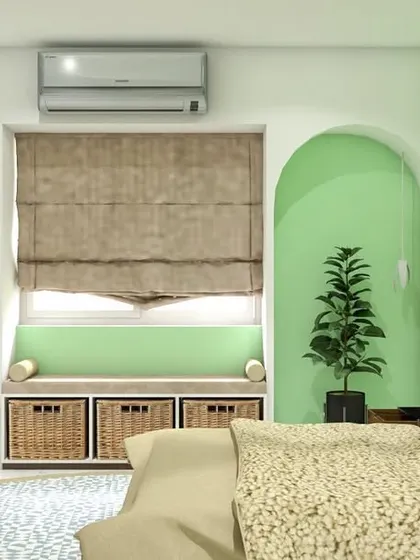 A bedroom concept with a fresh, tropical theme, featuring a green accent wall with a leaf-print mural and natural textures like wicker baskets.