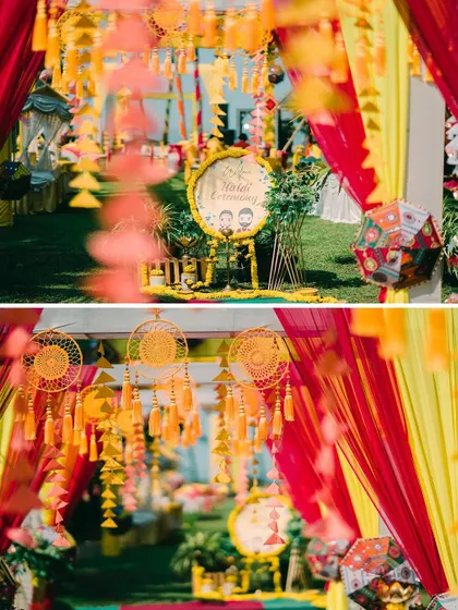 The entrance to the Haldi ceremony, adorned with bright drapes and whimsical dreamcatchers.