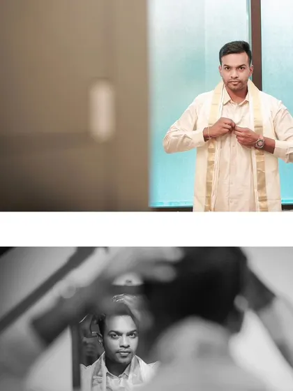 A collage of the groom getting ready, capturing his preparation and anticipation before the wedding ceremony.