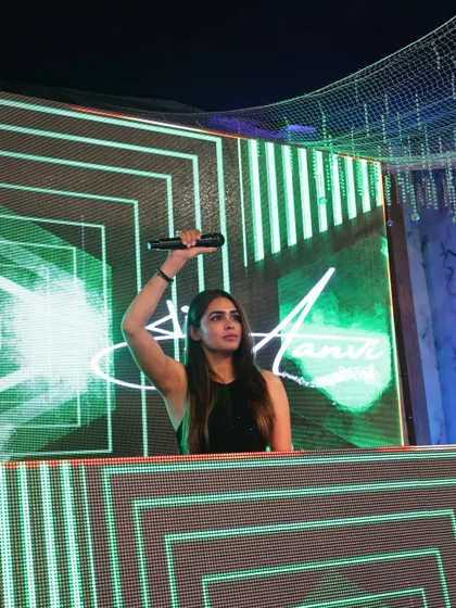 Holding the mic up high in front of my signature logo. This is a signature pose, a call to the crowd to get ready for what's coming next.