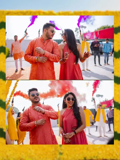 Garv and Sonali make a stylish entrance with colored smoke at their Haldi ceremony. This collage captures their cool, modern vibe and the celebratory energy of the moment.