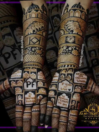 Another angle of this incredible story mehendi, showing how each small block contains a different memory or message for the couple.