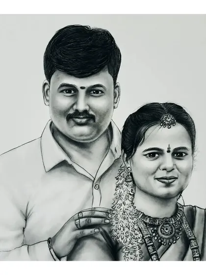 A traditional couple's portrait in charcoal, capturing the details of the woman's jasmine hair flowers and the man's supportive hand on her shoulder.