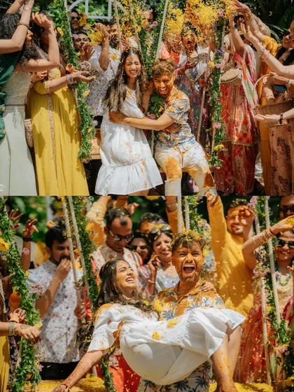 The pure fun of a Haldi ceremony in Goa. Capturing the couple being lifted up by friends and family shows the true spirit of the celebration.