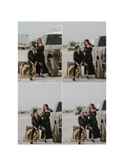 A collage of four images capturing the couple's playful and candid interactions while posing against a truck in the desert.