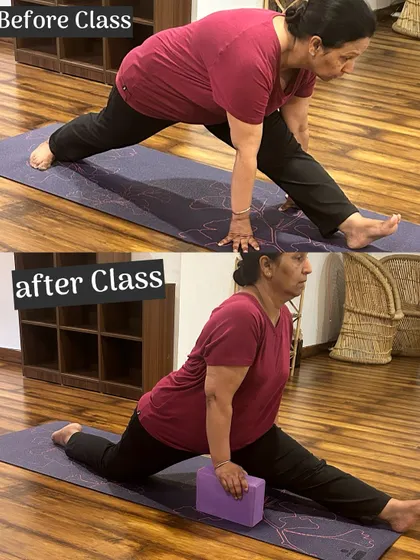 Progress is not about perfection, it's about dedication. This is the result of just one focused class on split practice. Using props like a yoga block for support, we can safely guide the body to open up and achieve more than you thought possible.