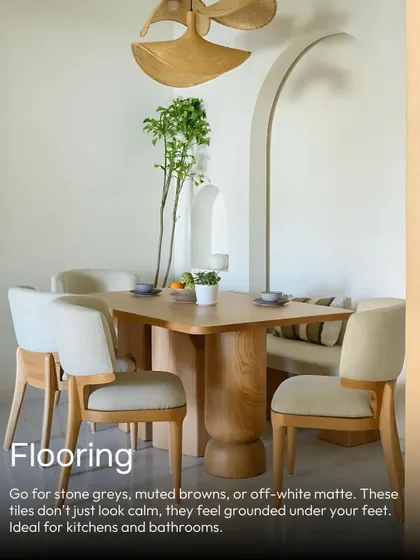 For Japandi flooring, go for tiles in stone greys, muted browns, or off-white matte. These tiles don't just look calm; they feel grounded under your feet, ideal for kitchens and bathrooms.