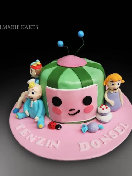 Another take on the popular Cocomelon theme, this time in pink for Tenzin and Donsel. The cake is surrounded by cute, handmade fondant characters from the show.