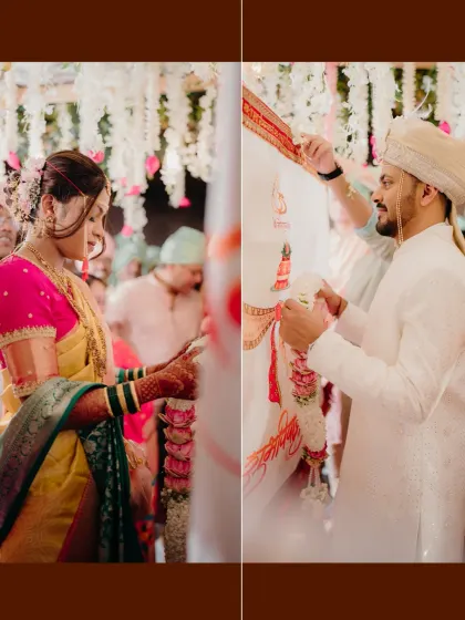 A diptych showing the 'Antarpat' ritual, where a cloth separates the couple before they see each other for the first time at the mandap. A moment of high anticipation.