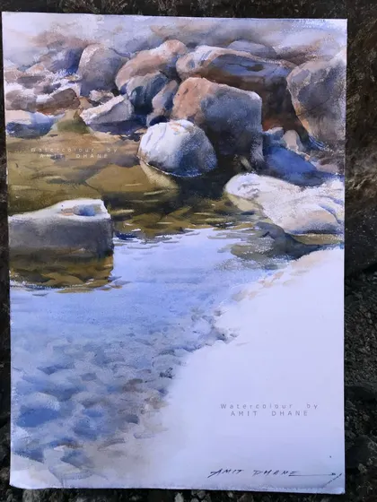 A landscape study of water and rocks, painted during a workshop in Pen, Raigad. Capturing the transparency of water and the solidness of stone is a great exercise.