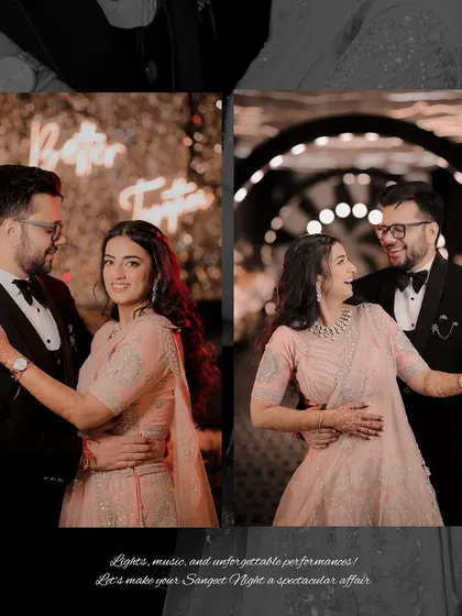 A set of romantic photos from the Sangeet. The "Better Together" neon sign in the background perfectly complements the couple's happy and loving interactions.