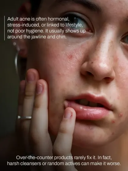 Adult acne, often appearing on the jawline and chin, is typically linked to internal factors like hormones or stress, not poor hygiene. Over-the-counter products can often worsen the inflammation.