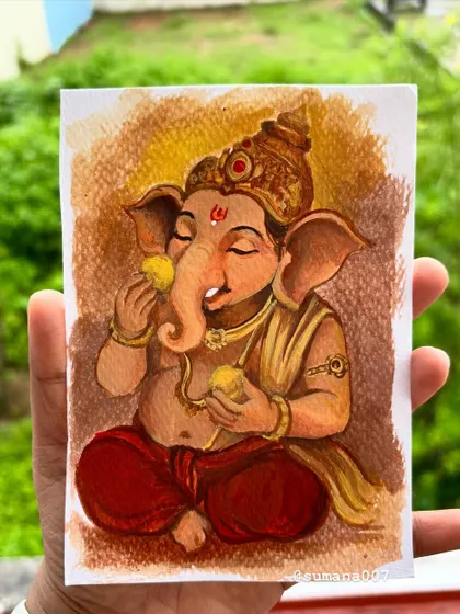 Another piece from my Ganesha series, this one showing him blissfully enjoying a ladoo. I used warm, golden tones to give it a divine glow.
