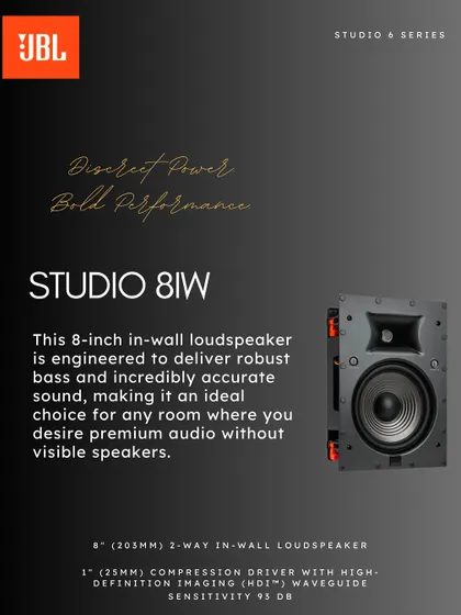 The JBL Studio 8IW is an 8-inch in-wall loudspeaker engineered for robust bass and incredibly accurate sound. It is an ideal choice for any room where you desire premium audio without the visual presence of traditional speakers.