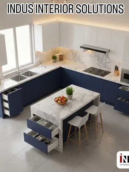 This is where your dream kitchen begins. A 3D render of a spacious blue and white island kitchen, showcasing our design process. We create these detailed visuals so you can see and approve every detail before we start building.