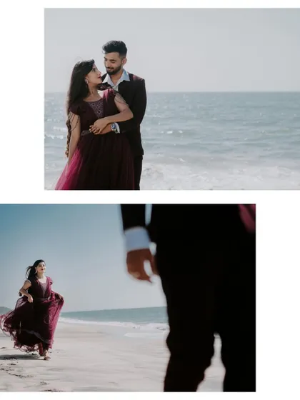 A collage from a beach pre-wedding shoot, showing the couple's romantic interactions.