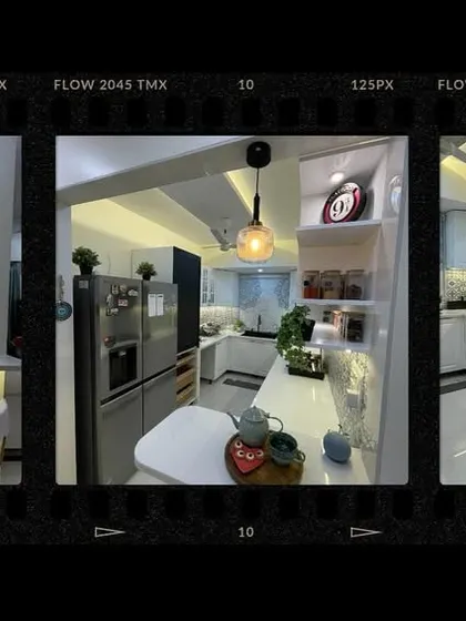 A filmstrip-style collage of the beautiful white open-plan kitchen, capturing its best angles and features.