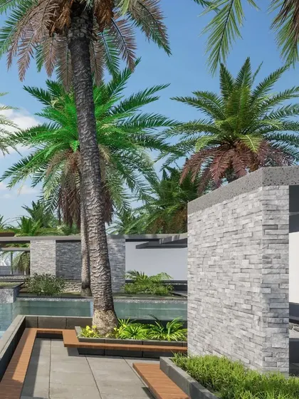 A view between the stone-clad pavilions of the proposed event center.