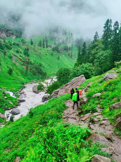 The trail winding down into the lush, misty forests of the Parvati valley.