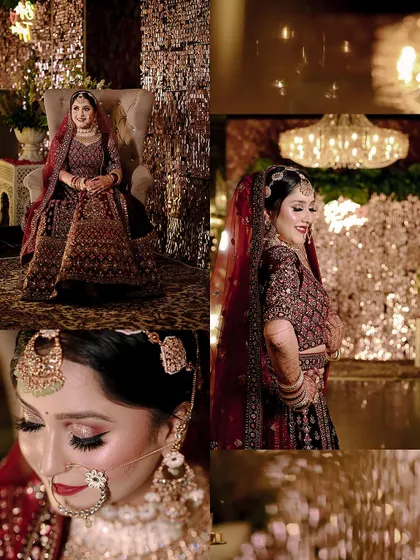 A three-panel collage of Pooja's bridal portraits, capturing her from different angles.