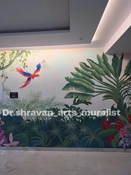 Step into a world where walls dissolve into nature. This paradise-themed mural features a dense jungle scene with a colorful parrot in flight, creating an artistic escape.