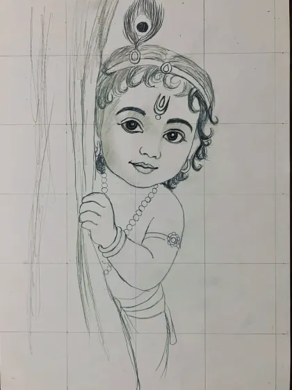 A pencil sketch of Baal Krishna peeking from behind a tree. I used a grid method to ensure accurate proportions and focused on his curious and playful expression.