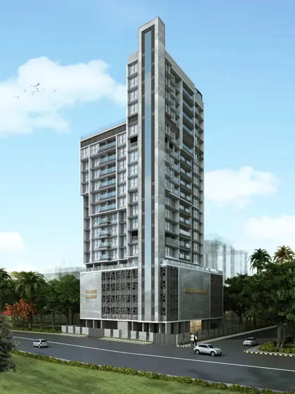 A render of the Haresh Bhuvan residential tower, designed to offer urban tranquility in the city center. The building's form and material palette are chosen to convey timeless elegance and modern comfort.