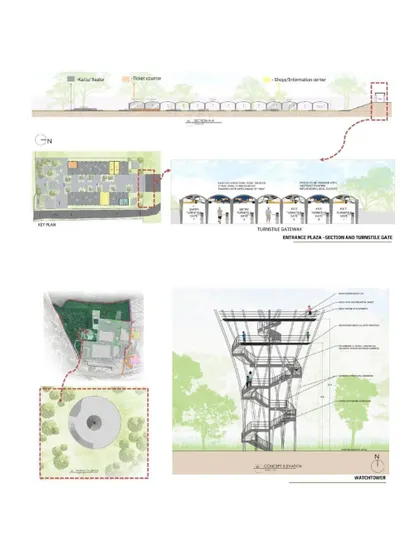 Architectural sections and plans for the "LONE LUNG SPACE" project, including a design for a watchtower. The technical drawings show the thoughtful planning behind this vision for urban nature.